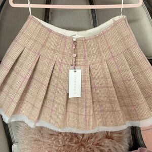 LoveShackFancy Rooney Wool Tweed Plaid Pleated Skirt Chiffon Cream 4 Small NWT